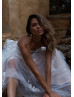 Strapless Ivory Lace Tulle Modern Wedding Dress With Detachable Sleeves